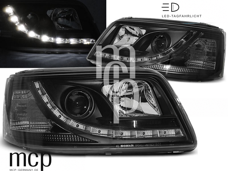 Scheinwerfer Set für VW T5 (04/2003 bis 08/2009) in Schwarz mit LED Tagfahrlicht
