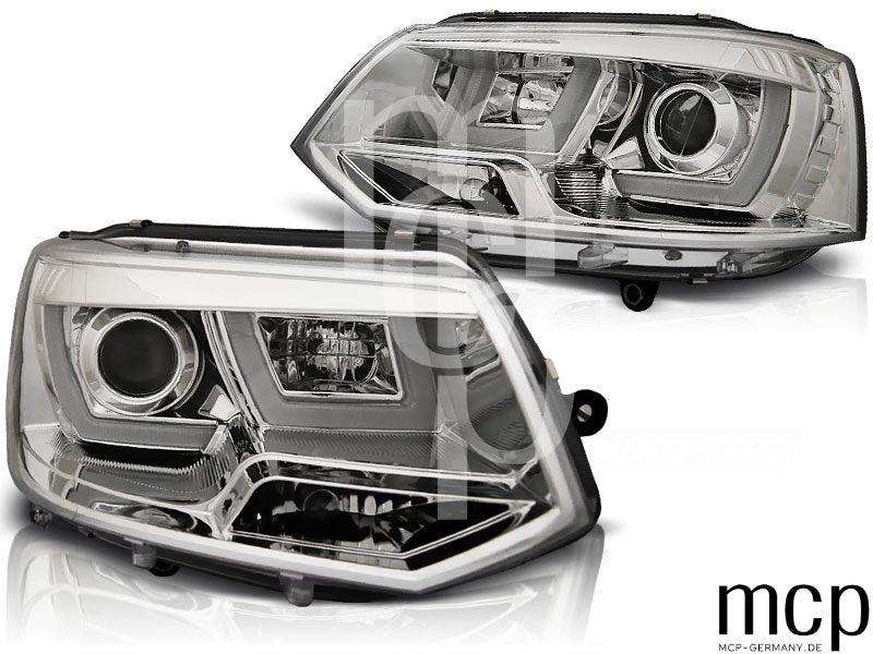 Scheinwerfer Set für VW T5 (2010 bis 2015) in Chrom mit LED Tagfahrlicht