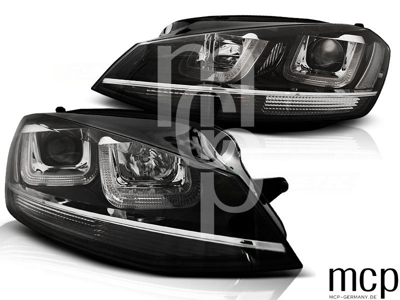 Scheinwerfer Set für VW Golf 7 (11/2012 bis 2017) in Schwarz mit Chromlinie und LED Tagfahrlicht – Ansicht 1