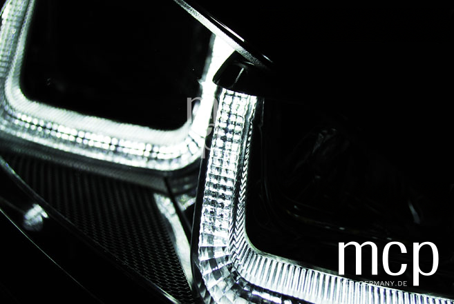 Scheinwerfer Set für VW Golf 7 (11/2012 bis 2017) in Schwarz mit Chromlinie und LED Tagfahrlicht – Ansicht 2