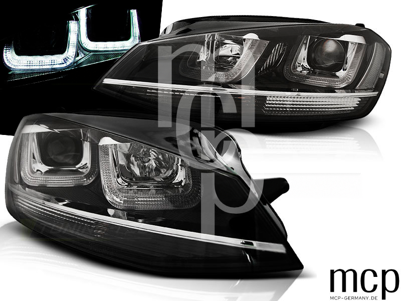 Scheinwerfer Set für VW Golf 7 (11/2012 bis 2017) in Schwarz mit Chromlinie und LED Tagfahrlicht – Ansicht 4