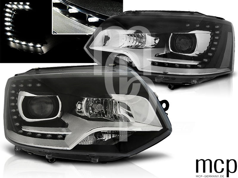 Scheinwerfer Set für VW T5 (2010 bis 2015) in Schwarz mit LED Tagfahrlicht