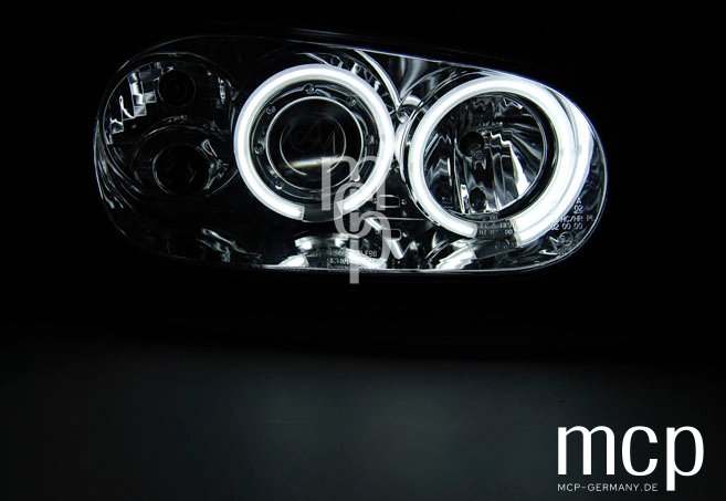 CCFL Angel Eyes Scheinwerfer Set für VW Golf 4 (09/1997 bis 09/2003) in Chrom – Lichtansicht – LPVWN7