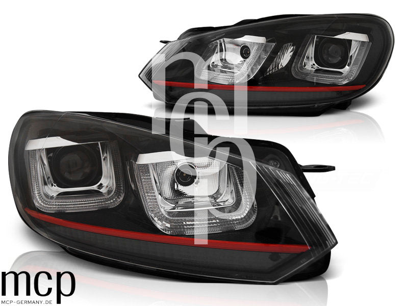 LED Tagfahrlicht Scheinwerfer Set für VW Golf 6 Typ 5K (10/08 bis 11/13) in Schwarz mit roter Zierleiste