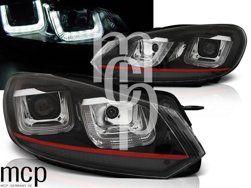 LED Tagfahrlicht Scheinwerfer Set für VW Golf 6 Typ 5K (10/08 bis 11/13) in Schwarz mit roter Zierleiste