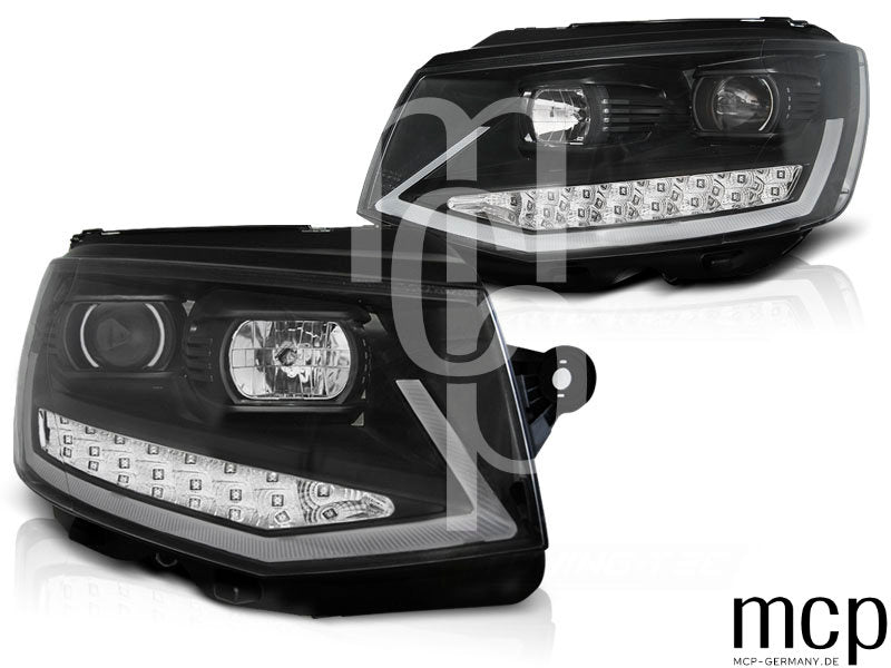 Scheinwerfer Set für VW T6 (2015 bis 2019) in Schwarz mit Chromakzenten mit LED Tagfahrlicht