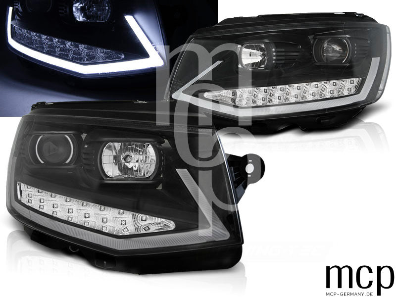 Scheinwerfer Set für VW T6 (2015 bis 2019) in Schwarz mit Chromakzenten mit LED Tagfahrlicht
