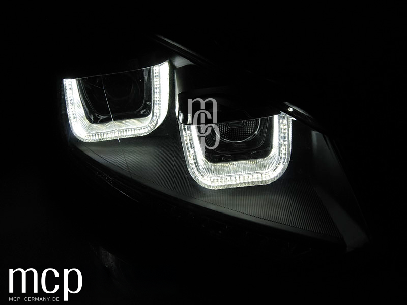 Scheinwerfer Set für VW Golf VI (2008 bis 2012) in Schwarz mit LED Tagfahrlicht – Zusatz 02 Lichtansicht