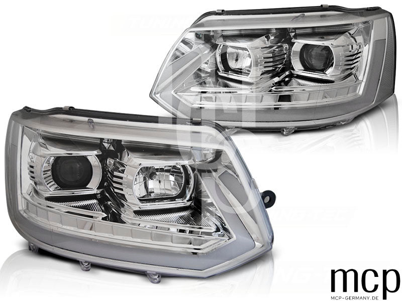Scheinwerfer Set für VW T5 (2010 bis 2015) in Chrom mit LED Tagfahrlicht