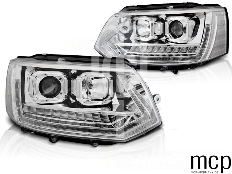 Scheinwerfer Set für VW T5 (2010 bis 2015) in Chrom mit LED Tagfahrlicht