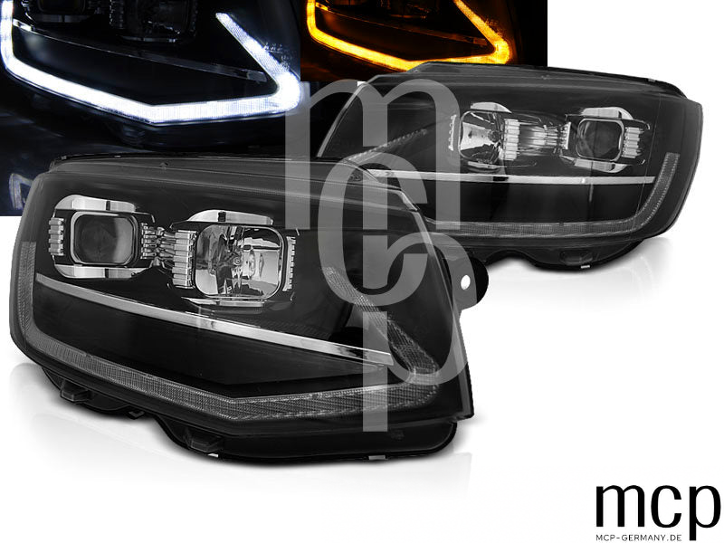 Scheinwerfer Set für VW T6 (2015 bis 2019) in Schwarz mit LED Tagfahrlicht – Produktansicht