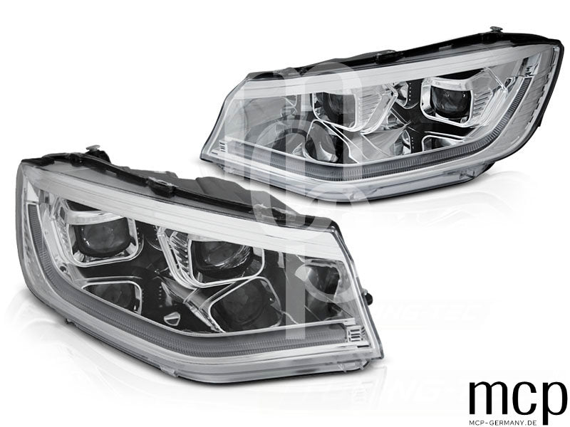 Scheinwerfer Set für VW Caddy V (ab 2020) in Chrom mit LED Tagfahrlicht und dynamischem Blinker – Ansicht 1