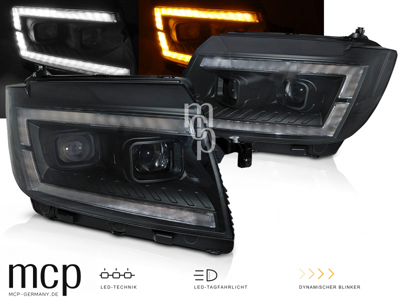 LPVWV9 Scheinwerfer Set VW Crafter II ab 2017 Schwarz mit LED Tagfahrlicht und dynamischem Blinker