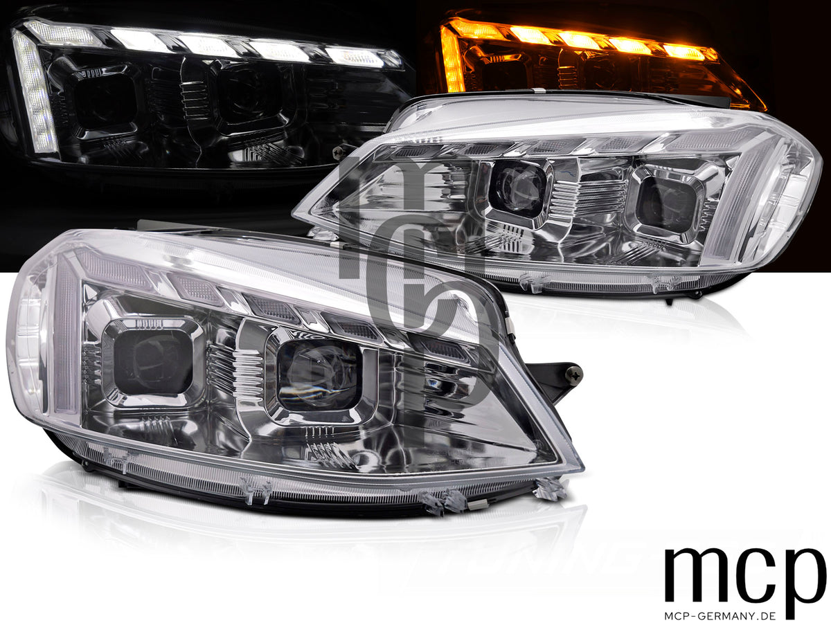 Scheinwerfer Set für VW Golf 7 (2017 bis 2019) in Chrom mit LED Tagfahrlicht
