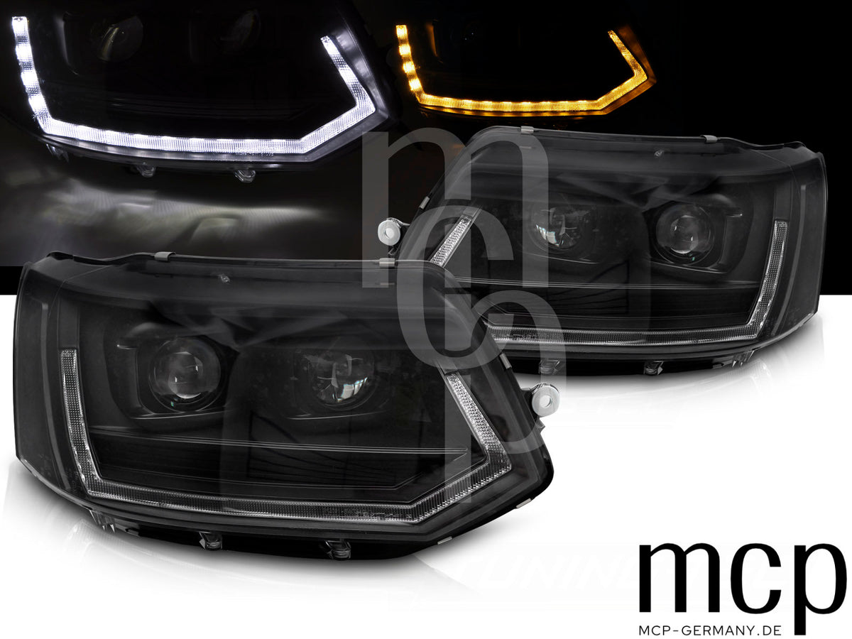 Voll LED Scheinwerfer Set für VW T5 (2010 bis 2015) in Schwarz mit LED Tagfahrlicht