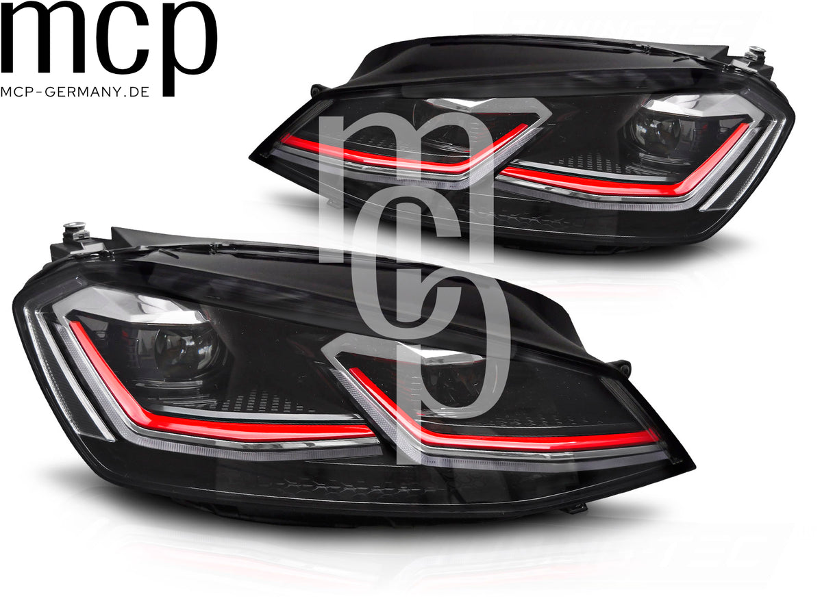 Voll LED Scheinwerfer Set für VW Golf 7 VII (2012 bis 01/2017) in Schwarz mit roter Zierleiste, Dynamischem Blinker und Welcome Light