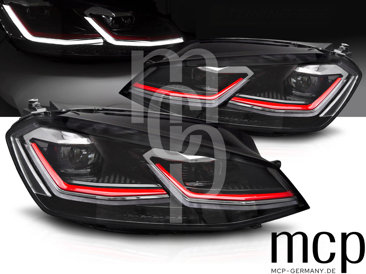 Voll LED Scheinwerfer Set für VW Golf 7 VII (2012 bis 01/2017) in Schwarz mit roter Zierleiste, Dynamischem Blinker und Welcome Light
