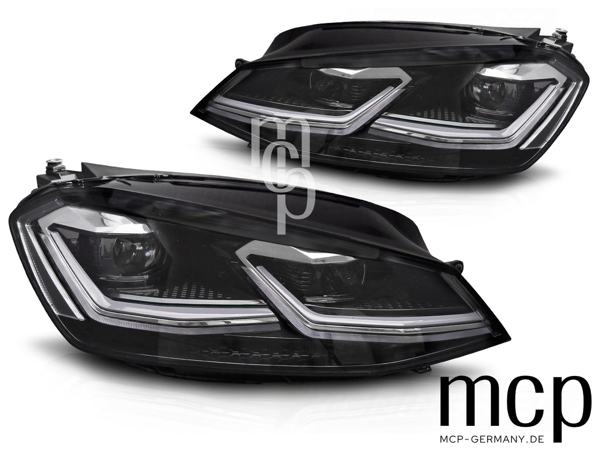 Voll LED Scheinwerfer Set für VW Golf 7 (2012 bis 2017) in Schwarz mit silberner Zierleiste und dynamischem Blinker