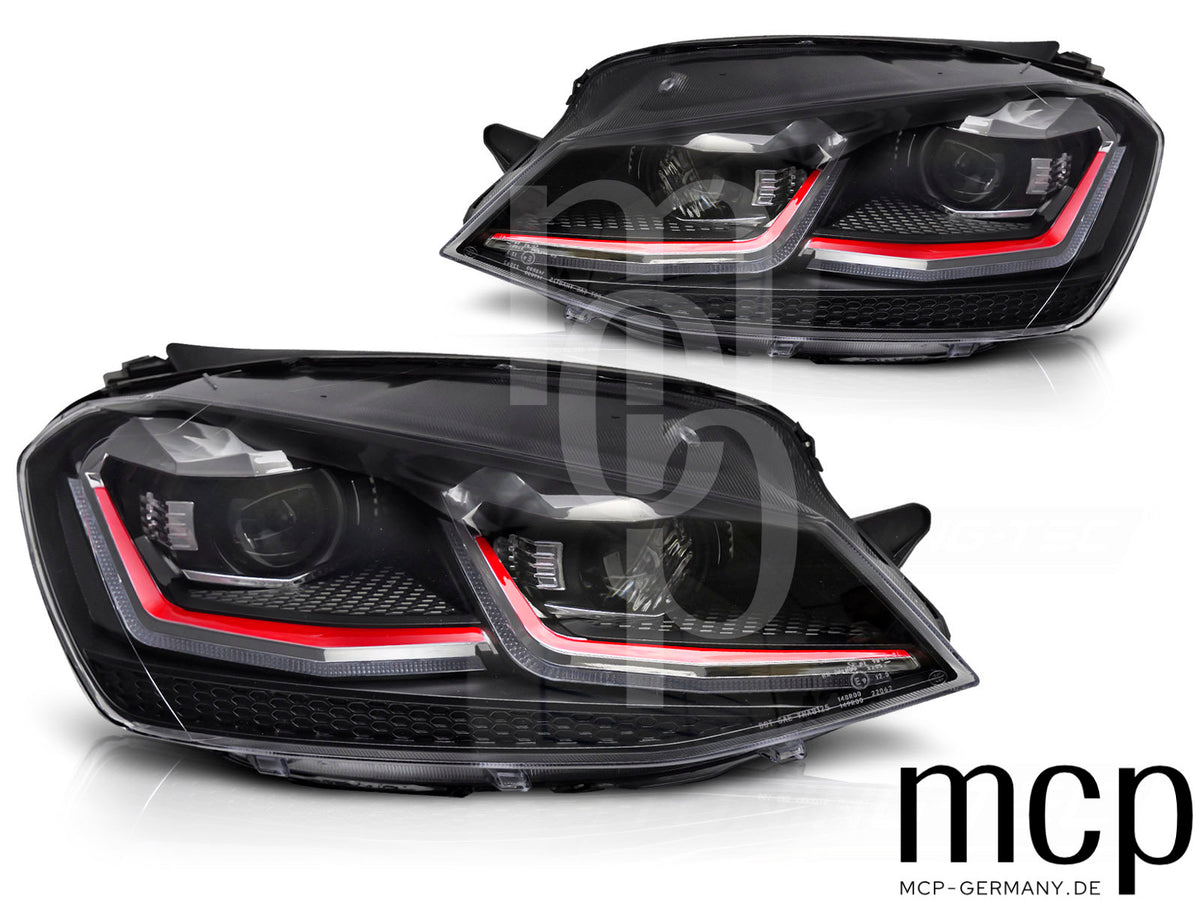Projektor Scheinwerfer Set für VW Golf 7 VII (2012 bis 01/2017) in Schwarz mit roter Zierleiste und Dynamischem Blinker