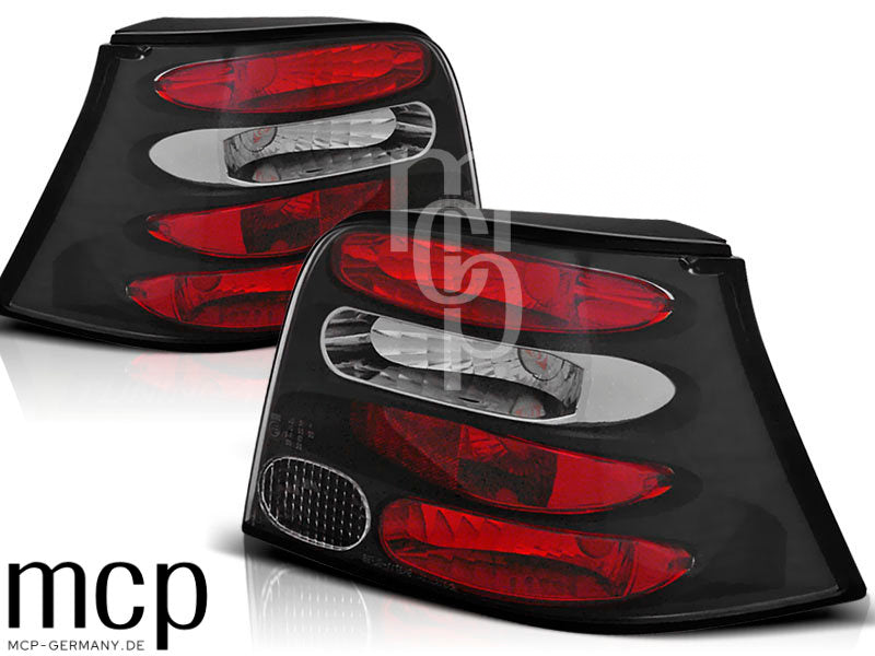 Rückleuchten Set für VW Golf IV Schrägheck (1997 bis 2003) in Schwarz – Produktansicht mit MCP-Branding