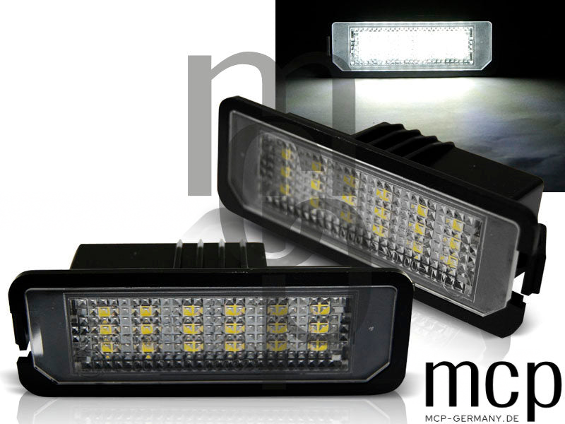LED Kennzeichenbeleuchtung Set für VW Golf IV, V, VI, VII, Passat B6, Passat CC, New Beetle, VW Scirocco – Produkt und Leuchtbild